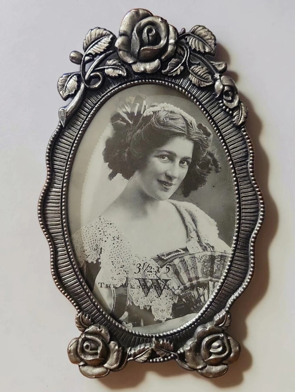Vtg Oval Photo Frame Pewter Weston Gallery Home Collection Roses Flower Leafs